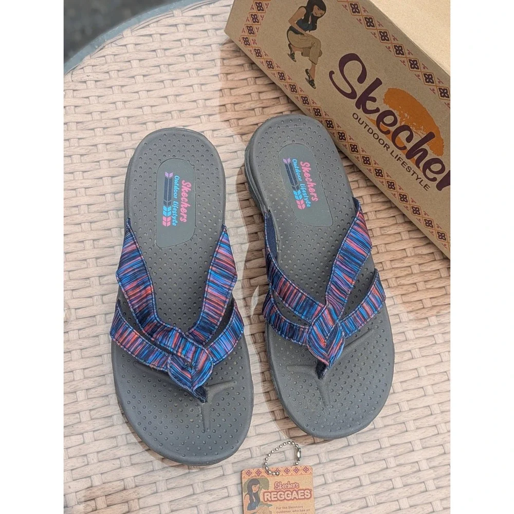 Y2K Sporty Outdoor Skechers Reggae Sandals Striped Thong Slides Womens Size 6